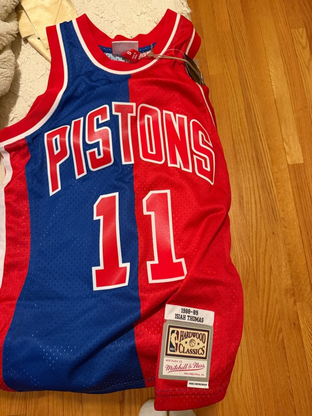 Mitchell & Ness Pistons #11 Split Red & Blue Hardwood Classics Jersey